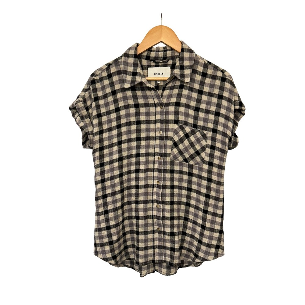 Pistola Black Cream Check Flannel Shirt M Reversible Open Back Button Down Cozy